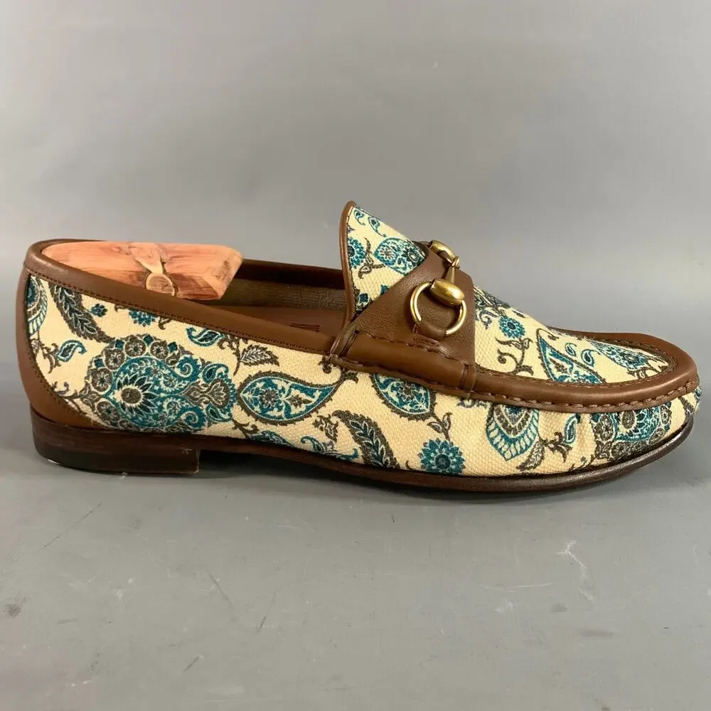 GUCCI Size 6.5 Cream Brown & Teal Paisley Mixed Fabrics Horsebit Loafers